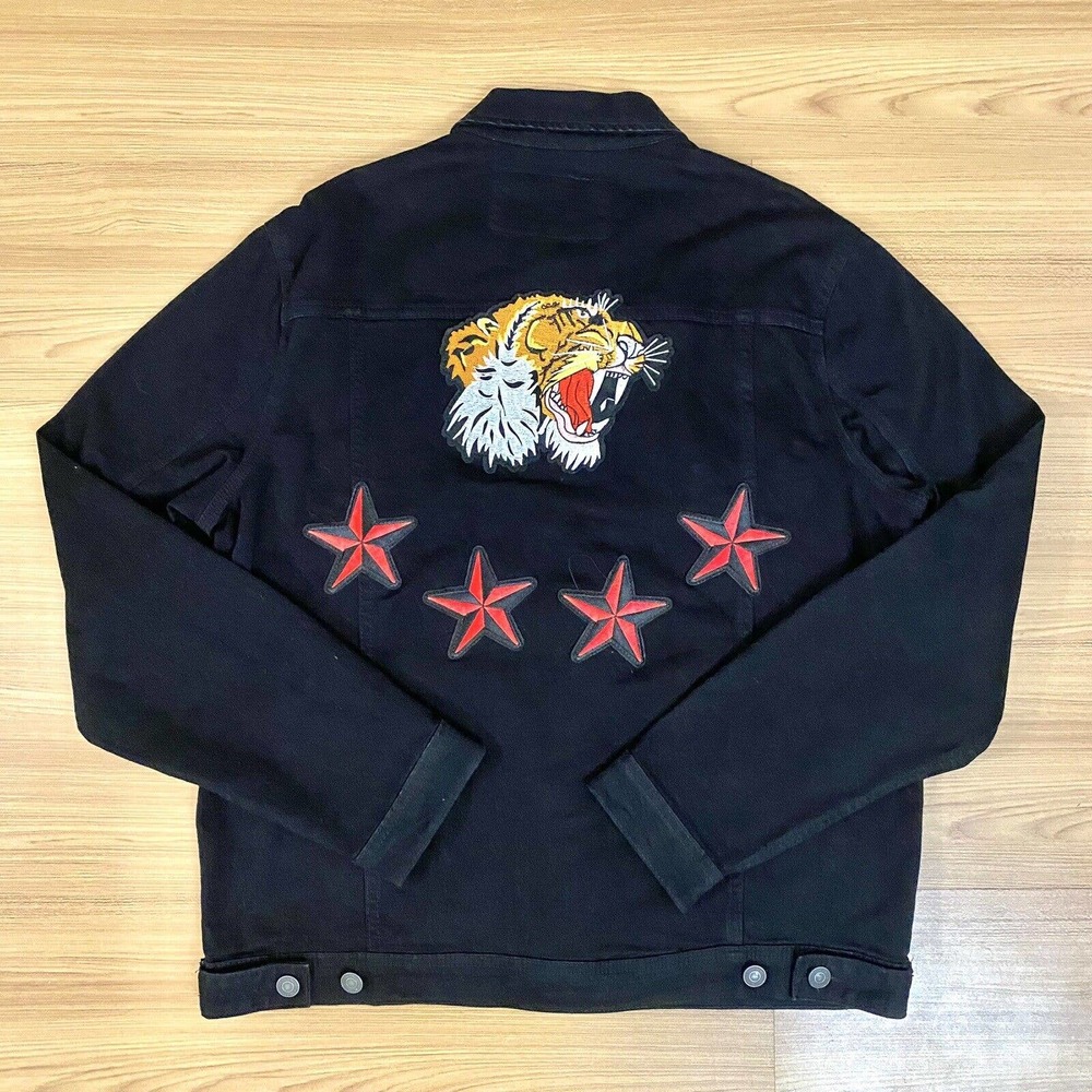 Mens Members Only Black Denim Jean Jacket Tiger Stars Size Large With Tags